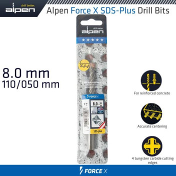 ALPEN FORCE X 8x110mm SDS PLUS DRILL BIT X4 CUTTING EDGES