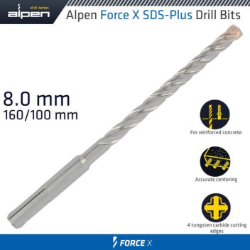 ALPEN FORCE 8x160mm SDS PLUS DRILL BIT X4 CUTTING EDGES