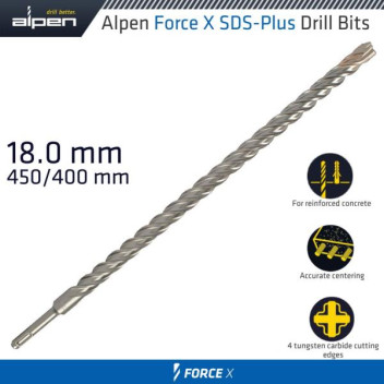 ALPEN FORCE X 18x450mm SDS PLUS DRILL BIT X4 CUTTING EDGES