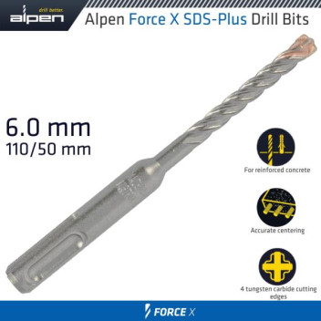 ALPEN FORCE X 6x110mm SDS PLUS MASONRY DRILL BIT (X4 CUT) ALPEN FORCE X 6x110mm SDS PLUS MASONRY DRILL BIT (X4 CUT)