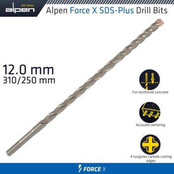 ALPEN FORCE X 12x310mm SDS PLUS MASONRY DRILL BIT (X4 CUT) ALPEN FORCE X 12x310mm SDS PLUS MASONRY DRILL BIT (X4 CUT)
