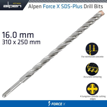 ALPEN FORCE X 16x310mm SDS PLUS MASONRY DRILL BIT (X4 CUT) ALPEN FORCE X 16x310mm SDS PLUS MASONRY DRILL BIT (X4 CUT)