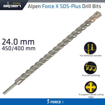 ALPEN FORCE X 24x450mm SDS PLUS MASONRY DRILL BIT (X4 CUT) ALPEN FORCE X 24x450mm SDS PLUS MASONRY DRILL BIT (X4 CUT)